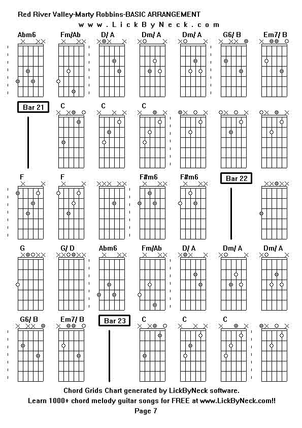 Chord Grids Chart of chord melody fingerstyle guitar song-Red River Valley-Marty Robbins-BASIC ARRANGEMENT,generated by LickByNeck software.